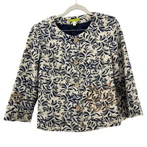 Sigrid Olsen Jacket Floral Print 3/4 Sleeve Button Front Tapestry‎ Beige Navy S